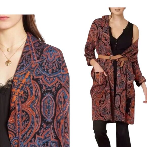 FREE PEOPLE Kimono WMNS XS Orange Half Moon Duster Paisley BOHO Longline - Picture 1 of 13